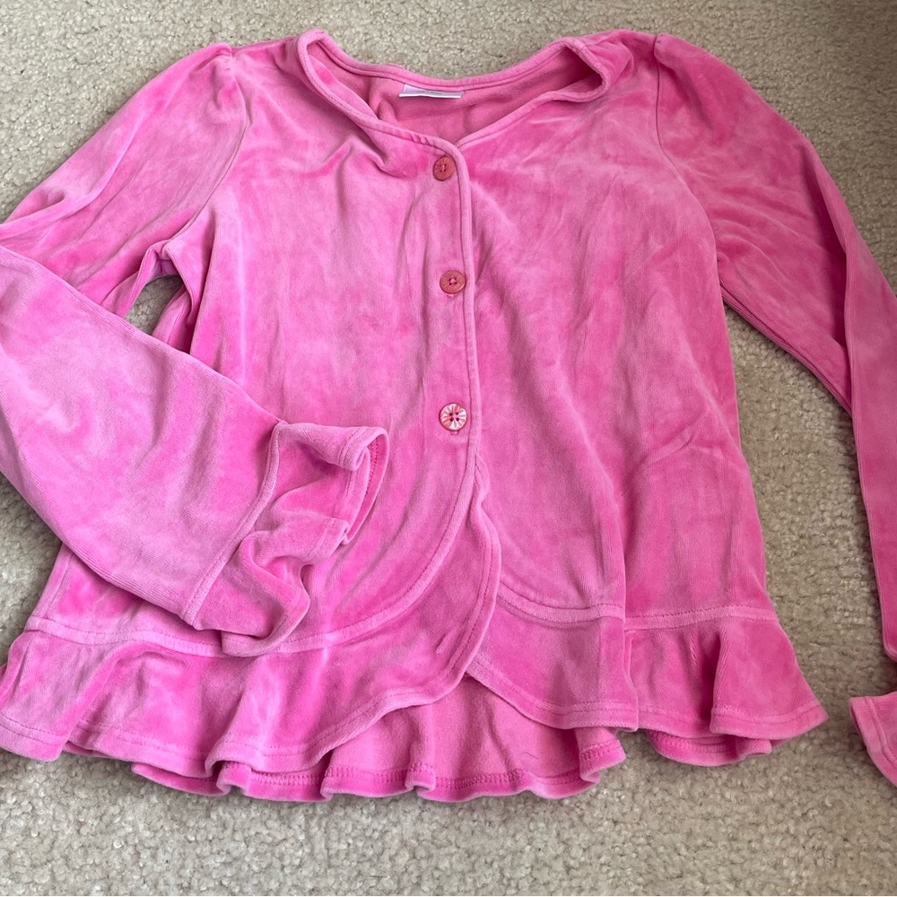 Hanna Andersson Pink Velour Button-Up Top and Skirt Set size 130 - Picture 3 of 8